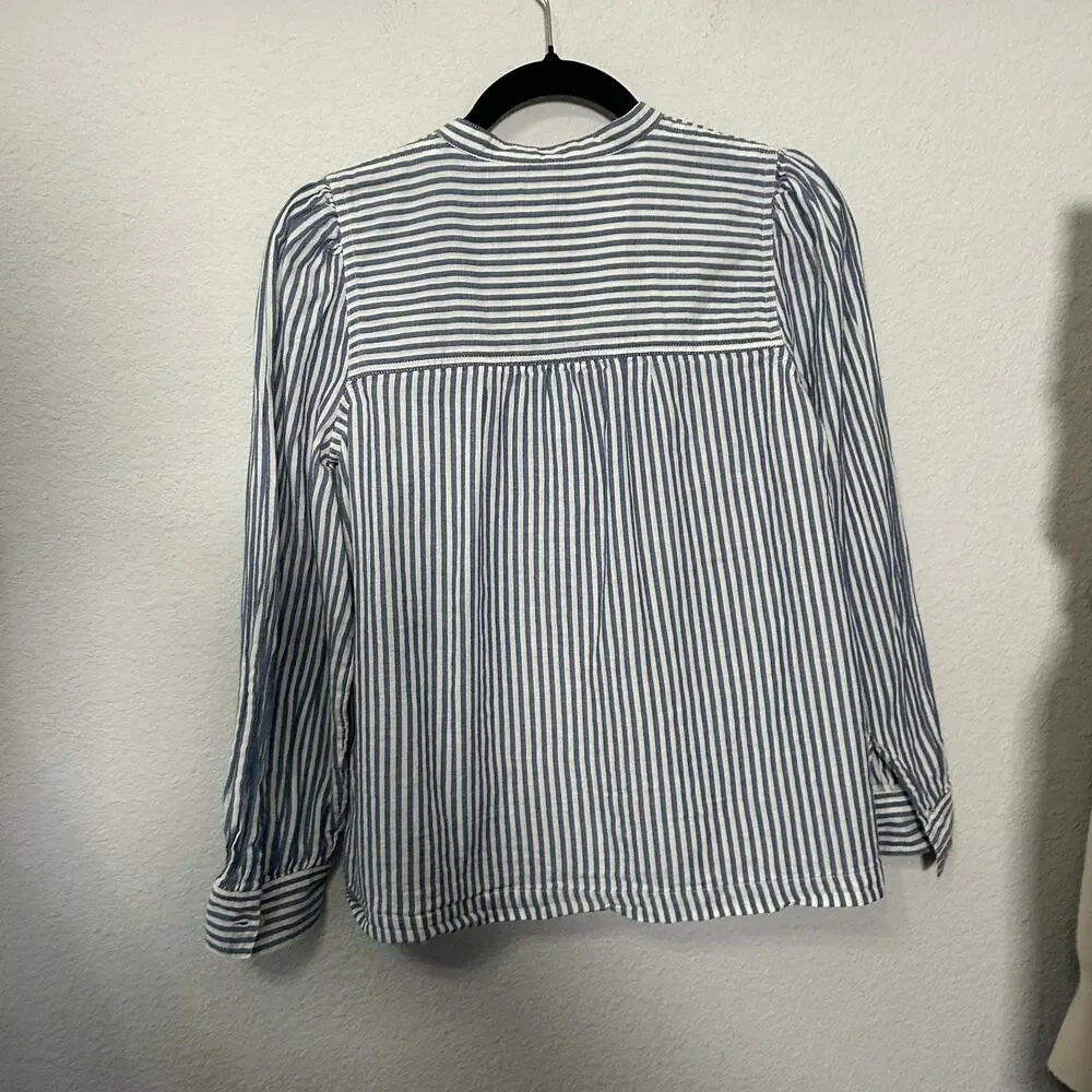 Madewell Puff-Sleeve Popover Shirt in Railroad Stripe Blue White Size XS Preppy